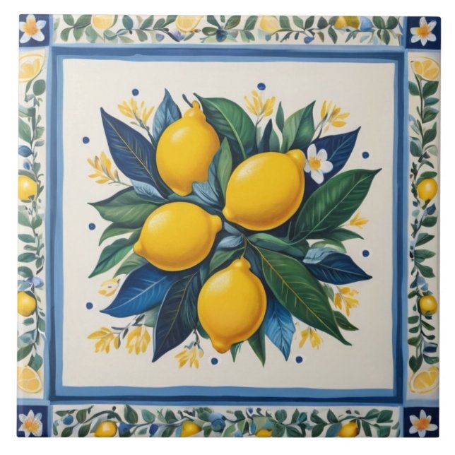 Azulejo Limones Tradicionales Azules Verdes Amarillos Blan (Frente)