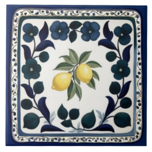 Azulejo Limones Tradicionales Floral Azul Oscuro y Blanco