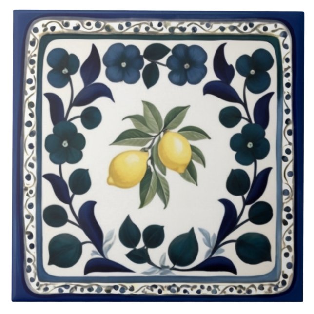 Azulejo Limones Tradicionales Floral Azul Oscuro y Blanco (Frente)