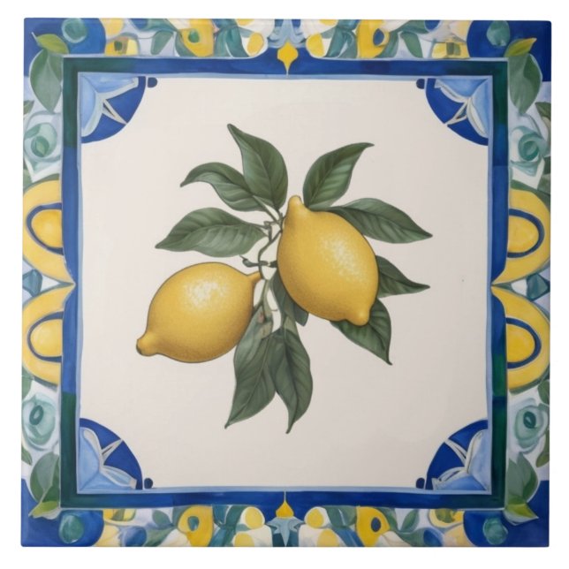 Azulejo Limones Vintage Azul Oscuro Verde Amarillo (Frente)