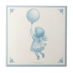 Azulejo Linda niña retro pastel azul caprichosa con globo