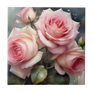 Azulejo Lindas rosas rosadas claras jardín pintura acuarel