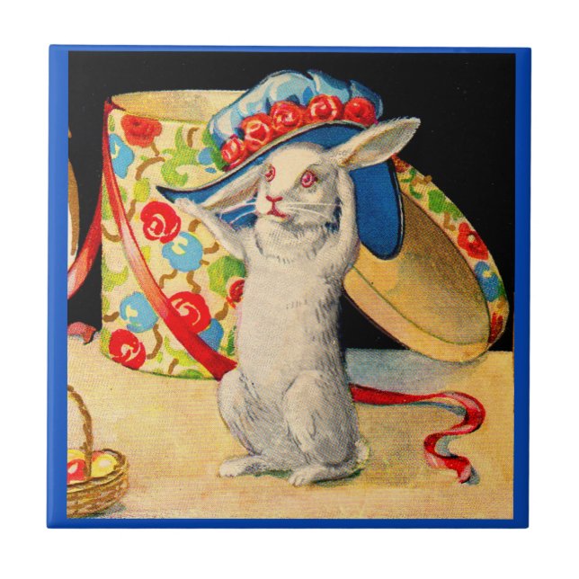 Azulejo lindo conejito blanco vestido de gran gorra (Frente)