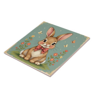Azulejo Lindo conejo marrón adorable con corbatín