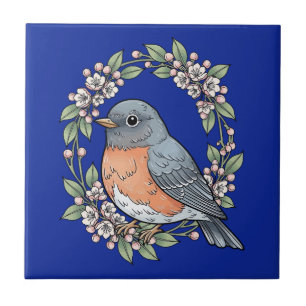 Azulejo Lindo pájaro de Connecticut con laurel de montaña