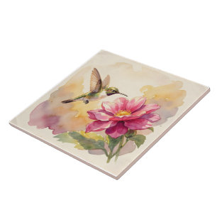 Azulejo Lindo pájaro y flor de acuarela