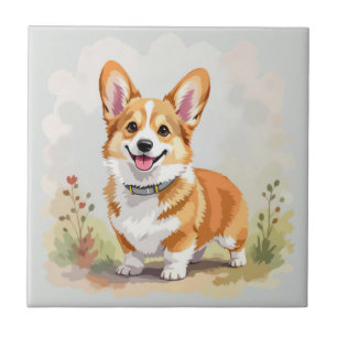 Azulejo Lindo perro Corgi Galés de Pembroke rojo