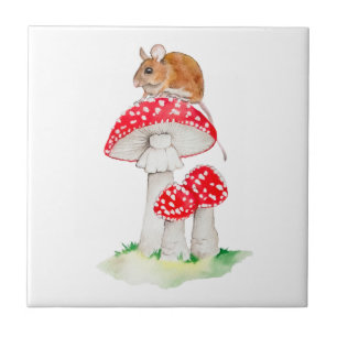 Azulejo Lindo ratón sobre amanita muscaria acuarela