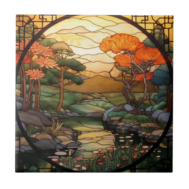 Azulejo lindo vidrio falso manchado en el jardín japonés (Frente)