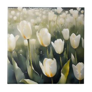 Azulejo Lindos tulipanes blancos jardín pintura acuarela