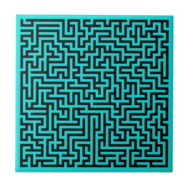 Azulejo Líneas de laberinto negro turquesa (Frente)