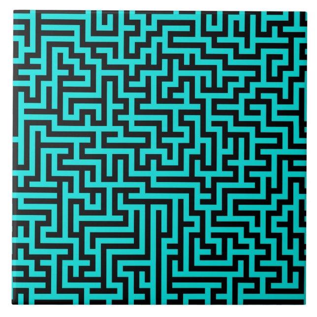 Azulejo Líneas de Laberinto Negro Turquesa (Frente)