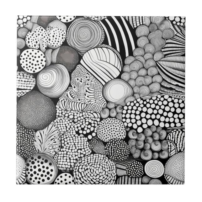 Azulejo Líneas Formas Abstractas Blancas Negras Intrincada (Frente)