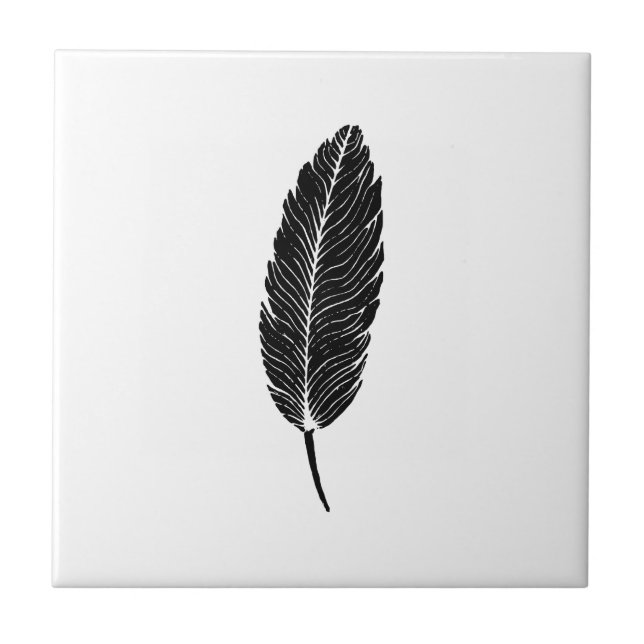 Azulejo Linocut de plumas rusticas en blanco y negro (Frente)