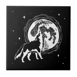Azulejo Linocut Husky Moon negro y blanco