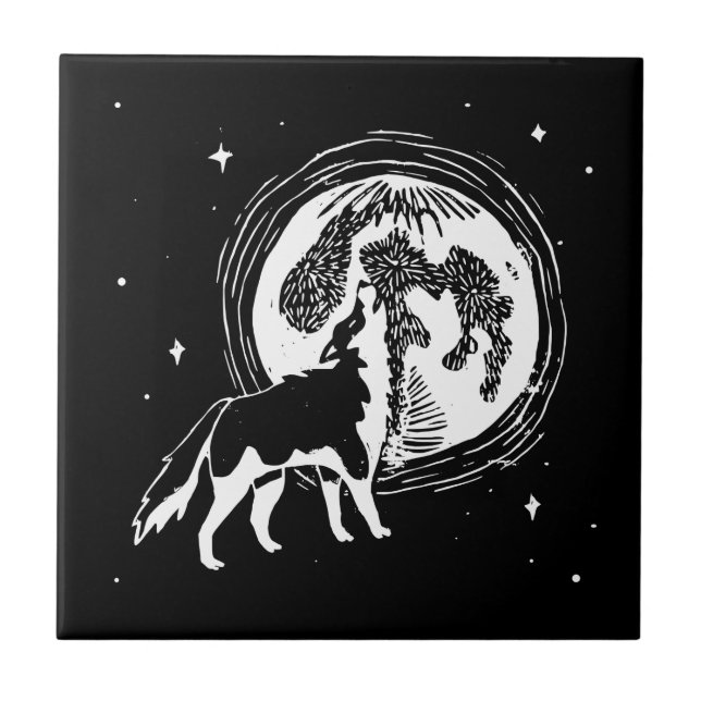 Azulejo Linocut Husky Moon negro y blanco (Frente)