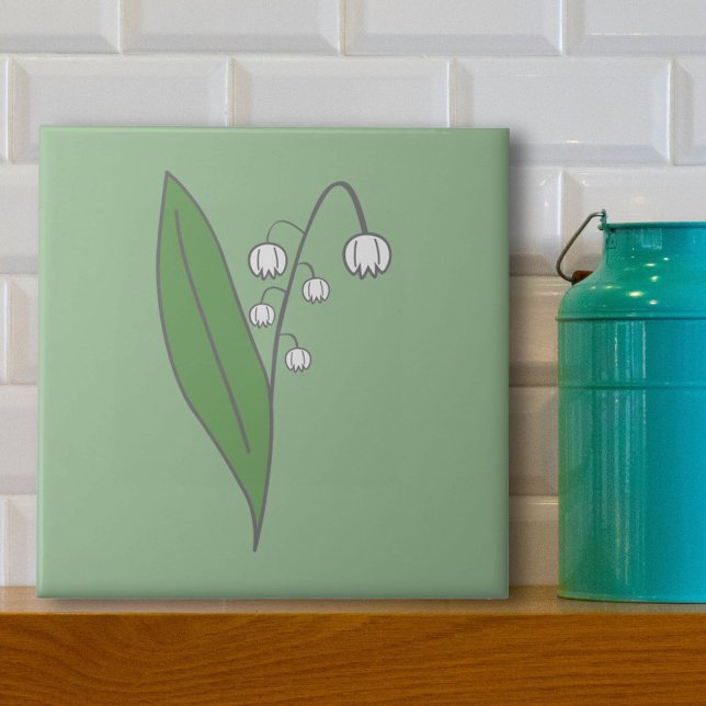 Azulejo Lirio botánico del Valle Pastel Flor Verde (Lily of the Valley Green Ceramic Tile)