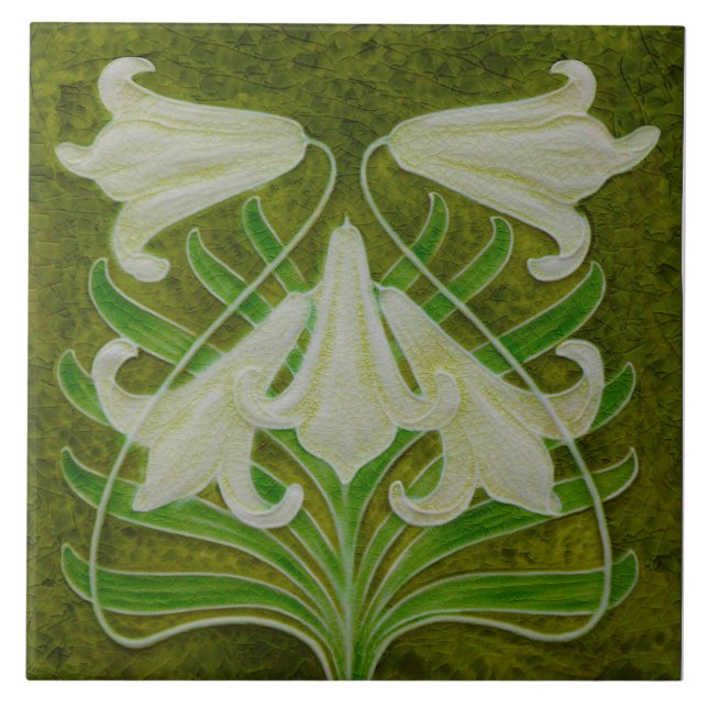 Azulejo Lirio de Pascua Repro Art Nouveau en verde atestad (Frente)