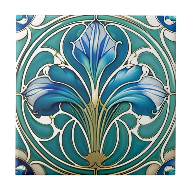Azulejo Lirio estilizado Art Deco azul 2 (Frente)