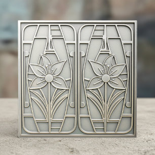 Azulejo Lirio floral estilizado Art Deco #10 plateado ID11