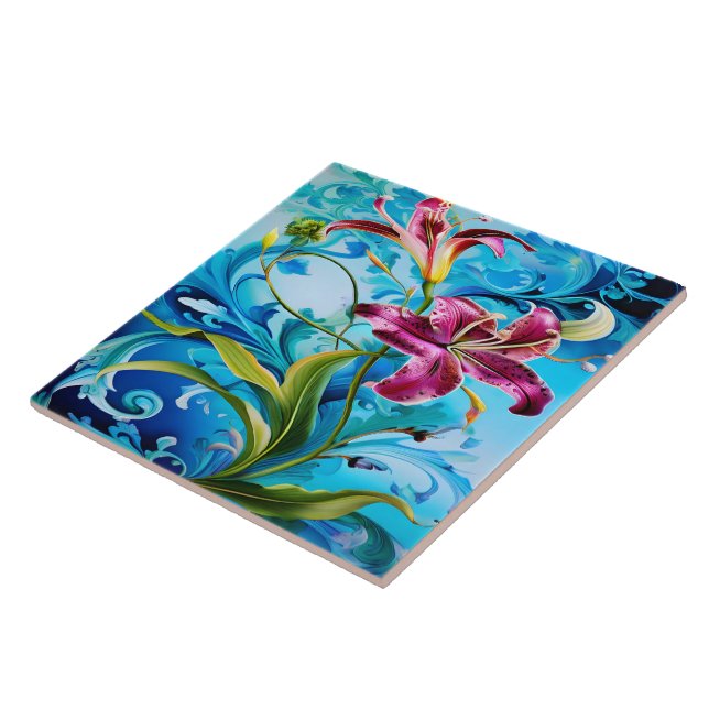 Azulejo Lirio vibrante florece contra las aguas azules (Lado)