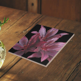 Azulejo Lirios Asiáticos Rojo Oscuro sobre Floral Negro