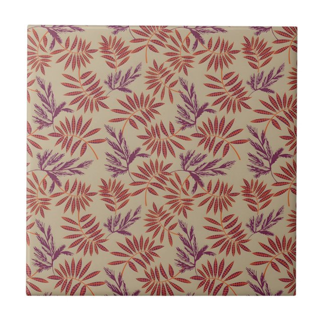 Azulejo Lively Red and Purple Leaf Motifs on Neutral Beige (Frente)