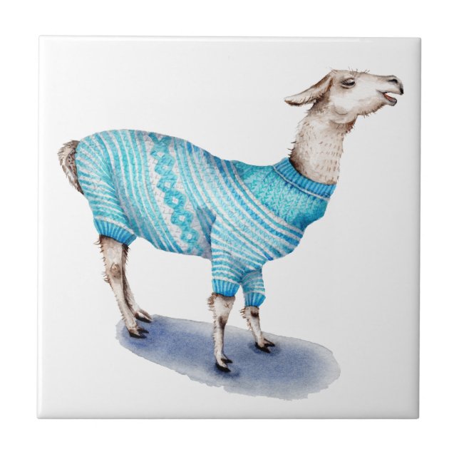 Azulejo Llama de la acuarela en suéter azul (Frente)