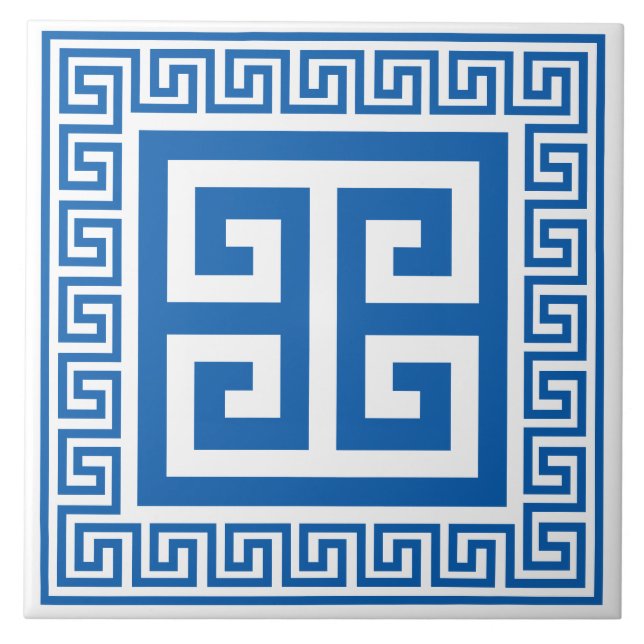 Azulejo Llave Griega Tile De Cerámica De Patrón Azul Y Bla (Frente)