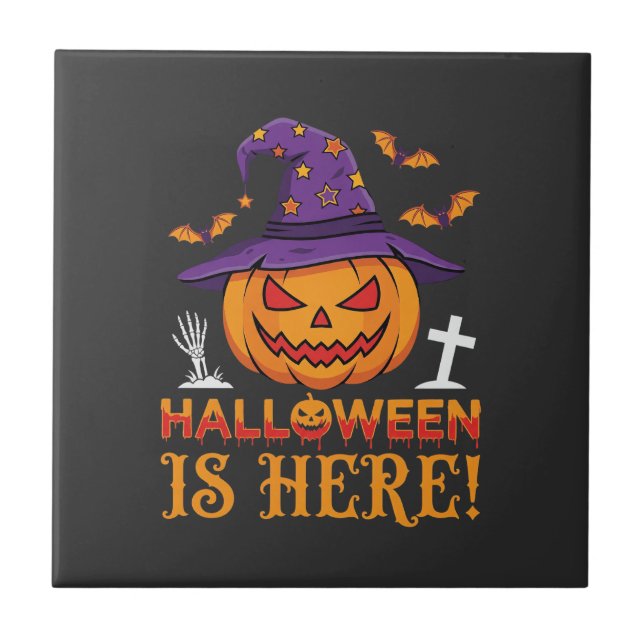 Azulejo Llega Halloween Bruja Calabaza Vector (Frente)
