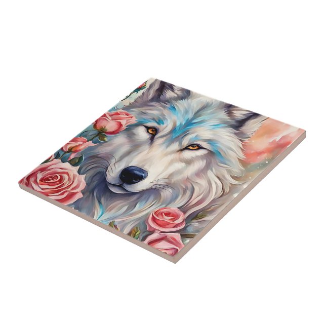 Azulejo lobo blanco rosa flores animales naturaleza arte (Lado)