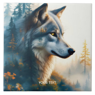 Azulejo Lobo de doble exposición de fantasía