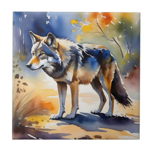 Azulejo Lobo en una pintura de acuarela del bosque