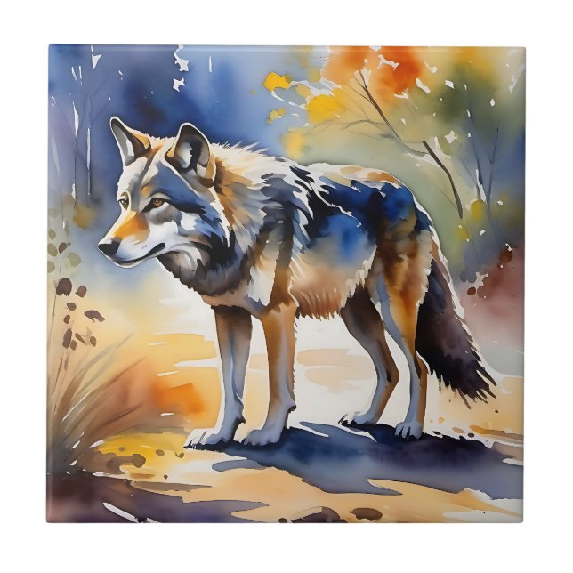Azulejo Lobo en una pintura de acuarela del bosque (Frente)