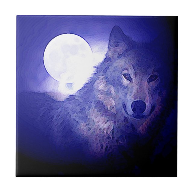 Azulejo Lobo, luna y noche azul (Frente)