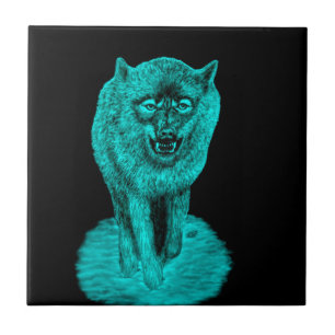 Azulejo Lobo negro enojado en la noche