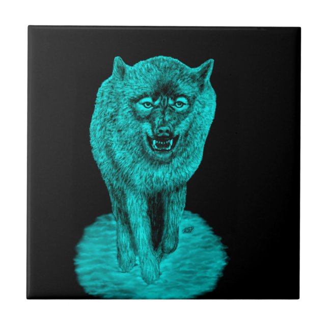 Azulejo Lobo negro enojado en la noche (Frente)