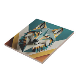 Azulejo Lobo retro estilo geométrico fresco Mostaza azul