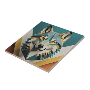 Azulejo Lobo retro estilo geométrico fresco Mostaza azul
