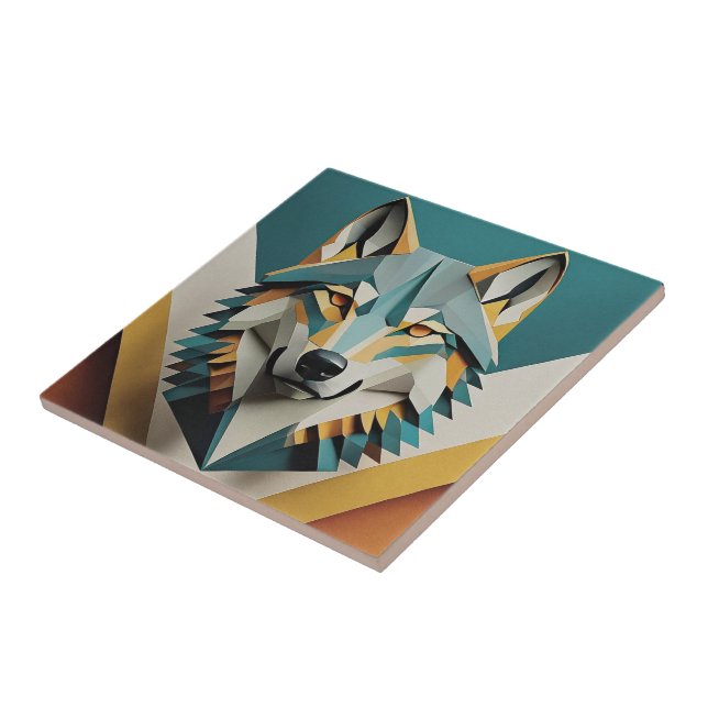 Azulejo Lobo retro estilo geométrico fresco Mostaza azul (Lado)