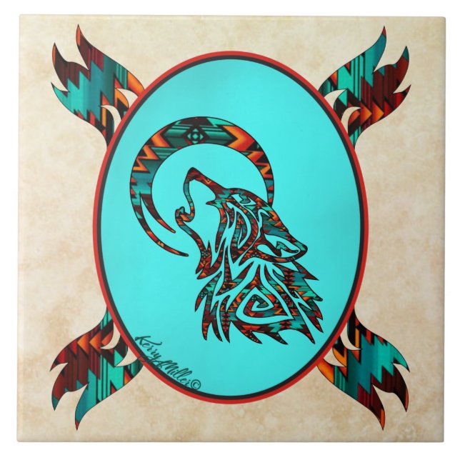 Azulejo Lobo Tribal En La Mosaica Cerámica De La Luna (Frente)