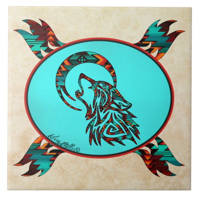 Azulejo Lobo Tribal En La Mosaica Cerámica De La Luna (Frente)
