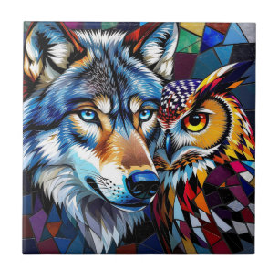 Azulejo Lobo y Búho Vibrantes y Coloridos 