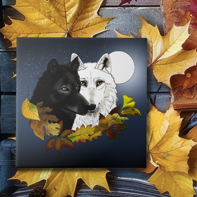 Azulejo Lobos Blanco Negro Luz de Luna Hojas de Otoño (Subido por el creador)