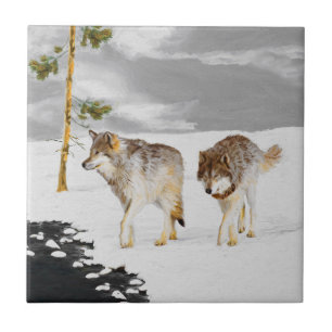 Azulejo Lobos en pintura de nieve - Arte de vida salvaje o