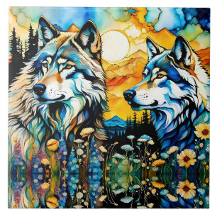 Azulejo Lobos grises y flores silvestres