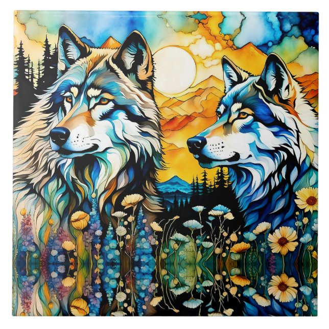 Azulejo Lobos grises y flores silvestres (Frente)