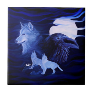 Azulejo Lobos y Raven con luna llena