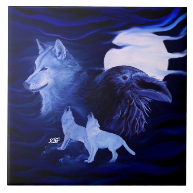 Azulejo Lobos y Raven con luna llena (Frente)
