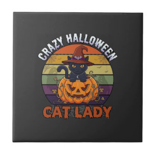 Azulejo Loca Señora Gato de Halloween Sombrero de Bruja de